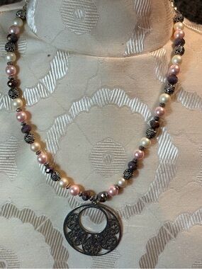 Pink Pearl & Gray Beaded Necklace with Filigree Pendant and Metal bead accents